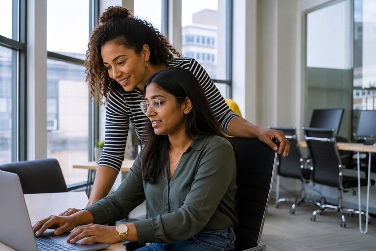 A practice manager coaching a support learner at a laptop