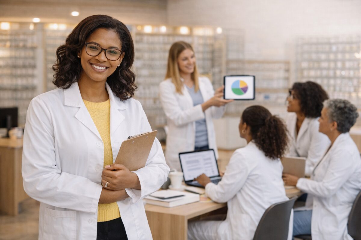 A practitioner standing in her rooms while colleagues work behind her